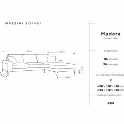 Canapé d'angle droit velours madara gris - 254x182x90 cm