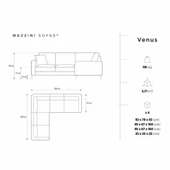 Canapé d'angle Symétrique En Velours Venus 5 Places gris - 250x238x90 cm