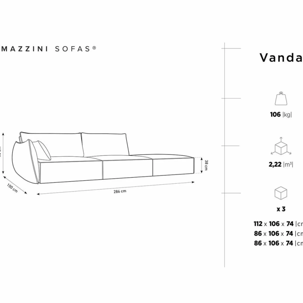 Canapé gauche Vanda 4 Places beige clair - 286x100x85 cm
