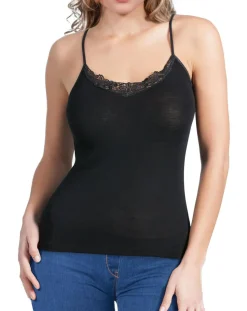 Caraco fines bretelles motif macramé Laine & Soie tissée noir