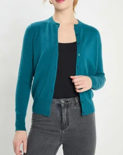 Cardigan 100% Cachemire Zacao col rond bleu/vert