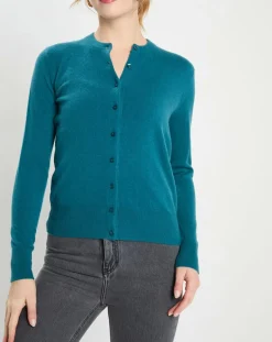 Cardigan 100% Cachemire Zacao col rond bleu/vert