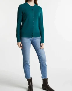 Cardigan 100% Cachemire Zacao col rond bleu/vert