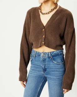 Cardigan cropped Washed Rib marron