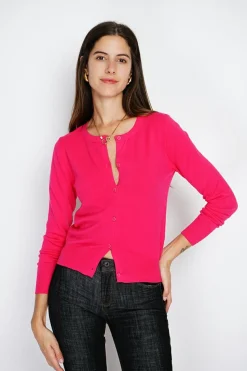 Cardigan en Cachemire mélangé ras de cou fushia