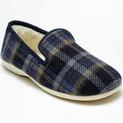 Chaussons charentais fourrés Laine tartan marine bord bleus