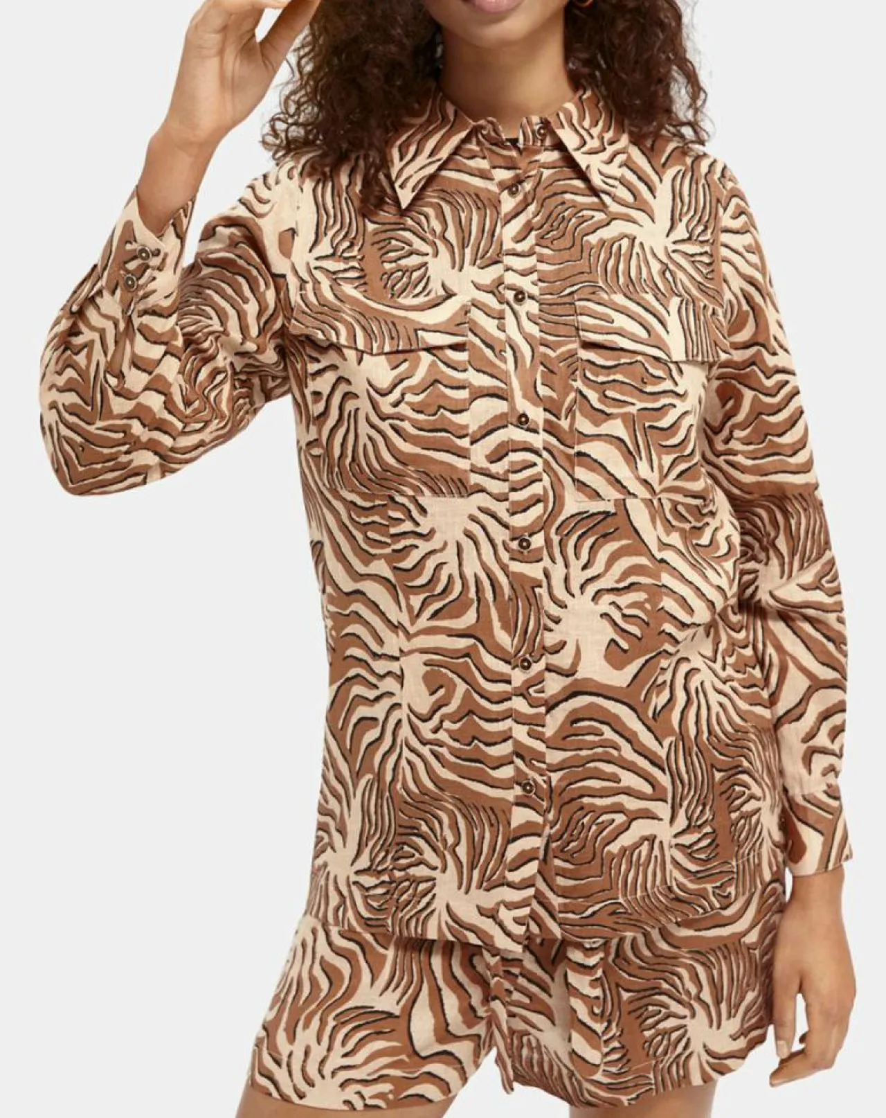 Chemise 100% Lin imprimée corail beige