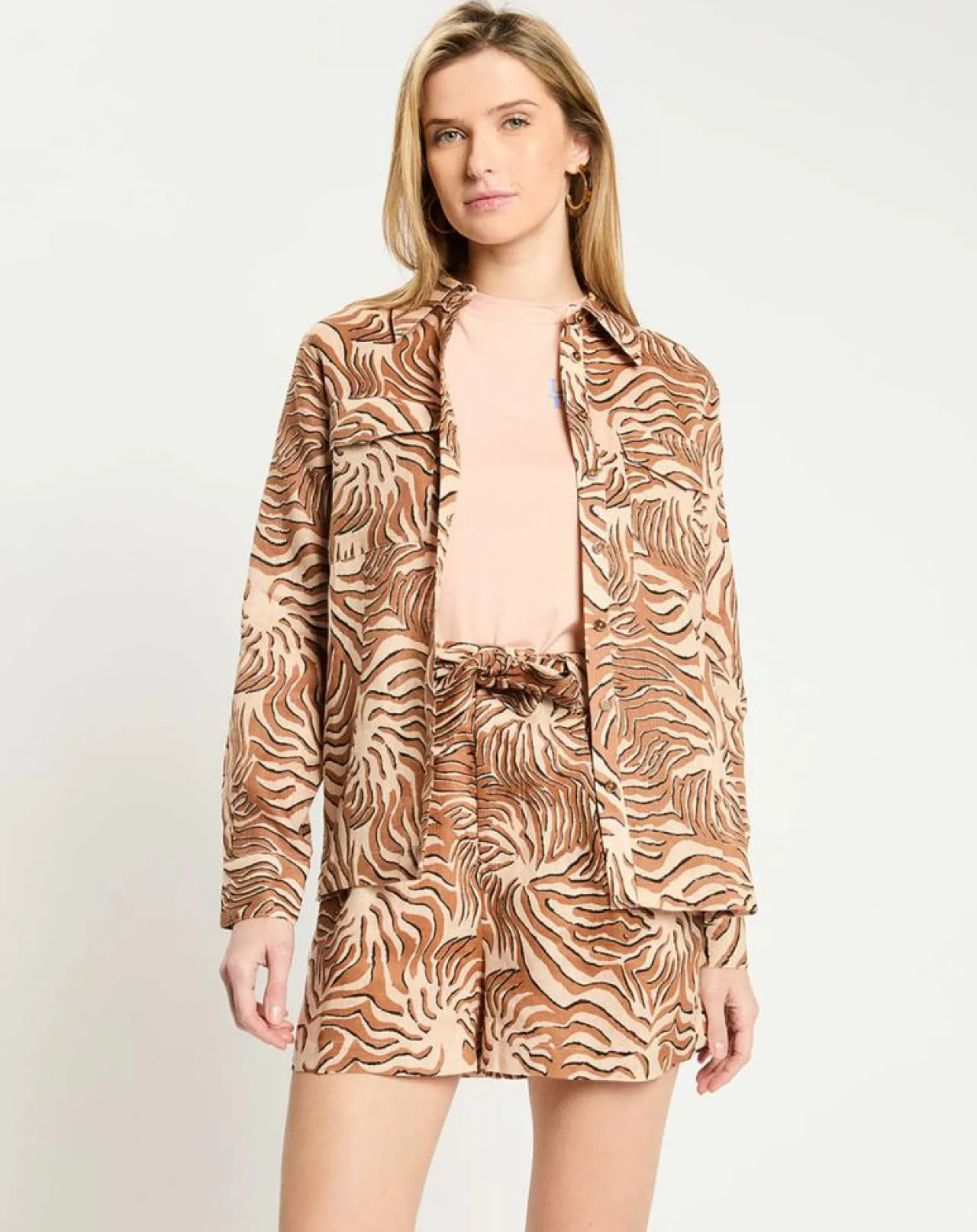 Chemise 100% Lin imprimée corail beige