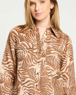 Chemise 100% Lin imprimée corail beige