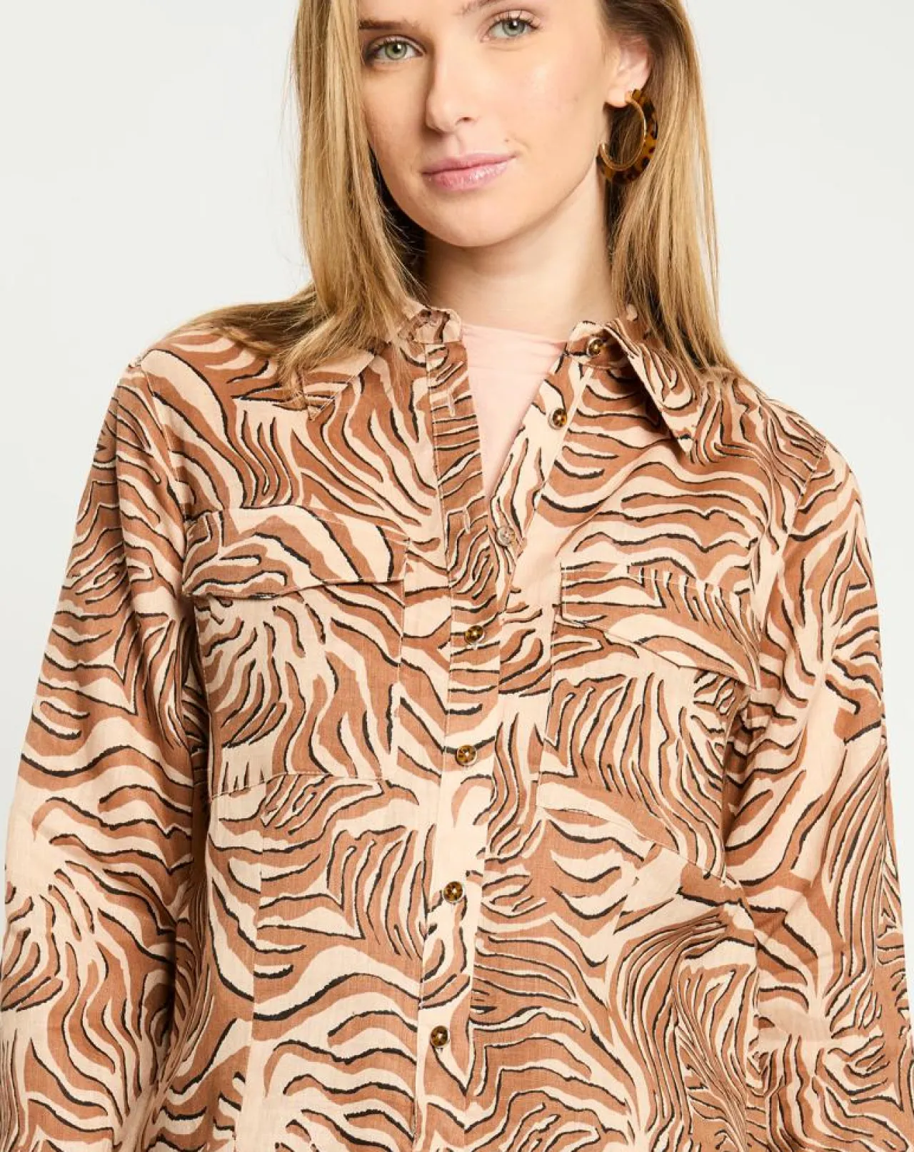 Chemise 100% Lin imprimée corail beige