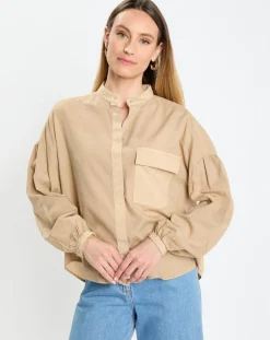 Chemise Col Mao Poche beige moyen