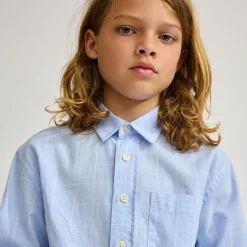 Chemise en Coton & Lin Gulian à carreaux bleue