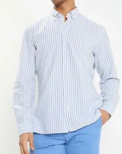 Chemise en Coton & Lin Slim Fit à rayures bleu/blanc