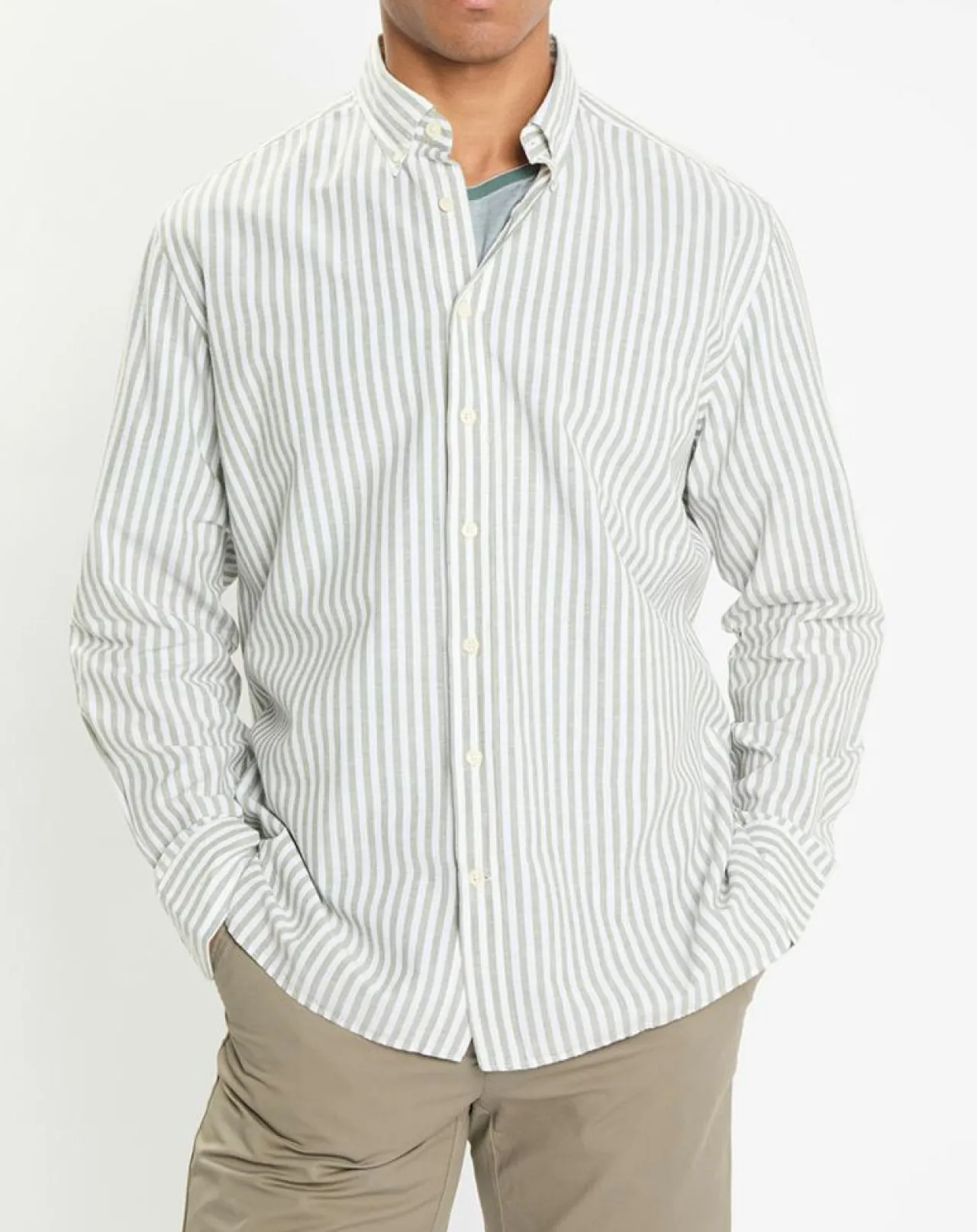 Chemise en Coton & Lin Slim Fit à rayures kaki/blanc
