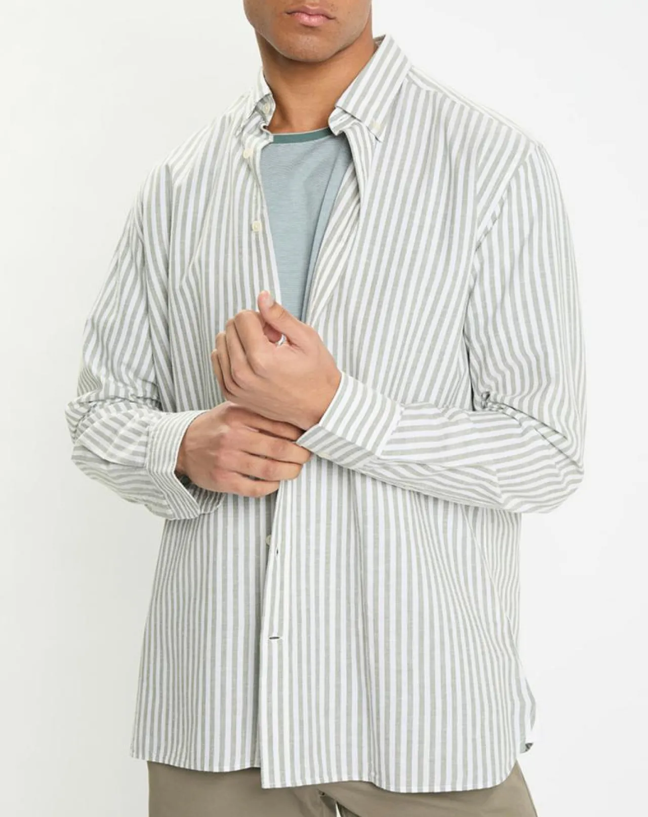 Chemise en Coton & Lin Slim Fit à rayures kaki/blanc