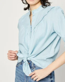 Chemise en Lin & Coton à Col Volant bleu clair