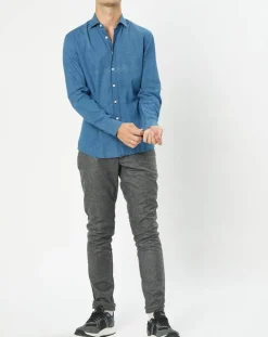 Chemise en Lin & Coton Slim Fit Text micro imprimé bleu moyen