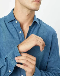 Chemise en Lin & Coton Slim Fit Text micro imprimé bleu moyen