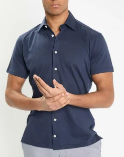 Chemise en Lin & Coton Slim Fit manches courtes Tricot bleue