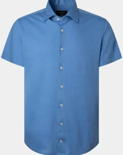 Chemise en Lin & Coton Slim Fit manches courtes Tricot bleu moyen