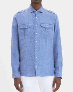 Chemise en Lin double poche bleu moyen