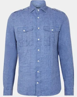 Chemise en Lin double poche bleu moyen