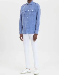 Chemise en Lin double poche bleu moyen