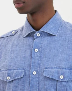 Chemise en Lin double poche bleu moyen
