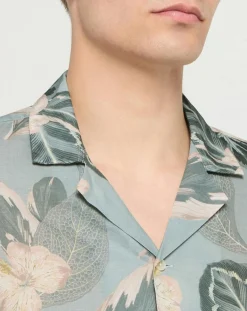 Chemise en Lin mélangé Bowling à imprimé tropical vert clair