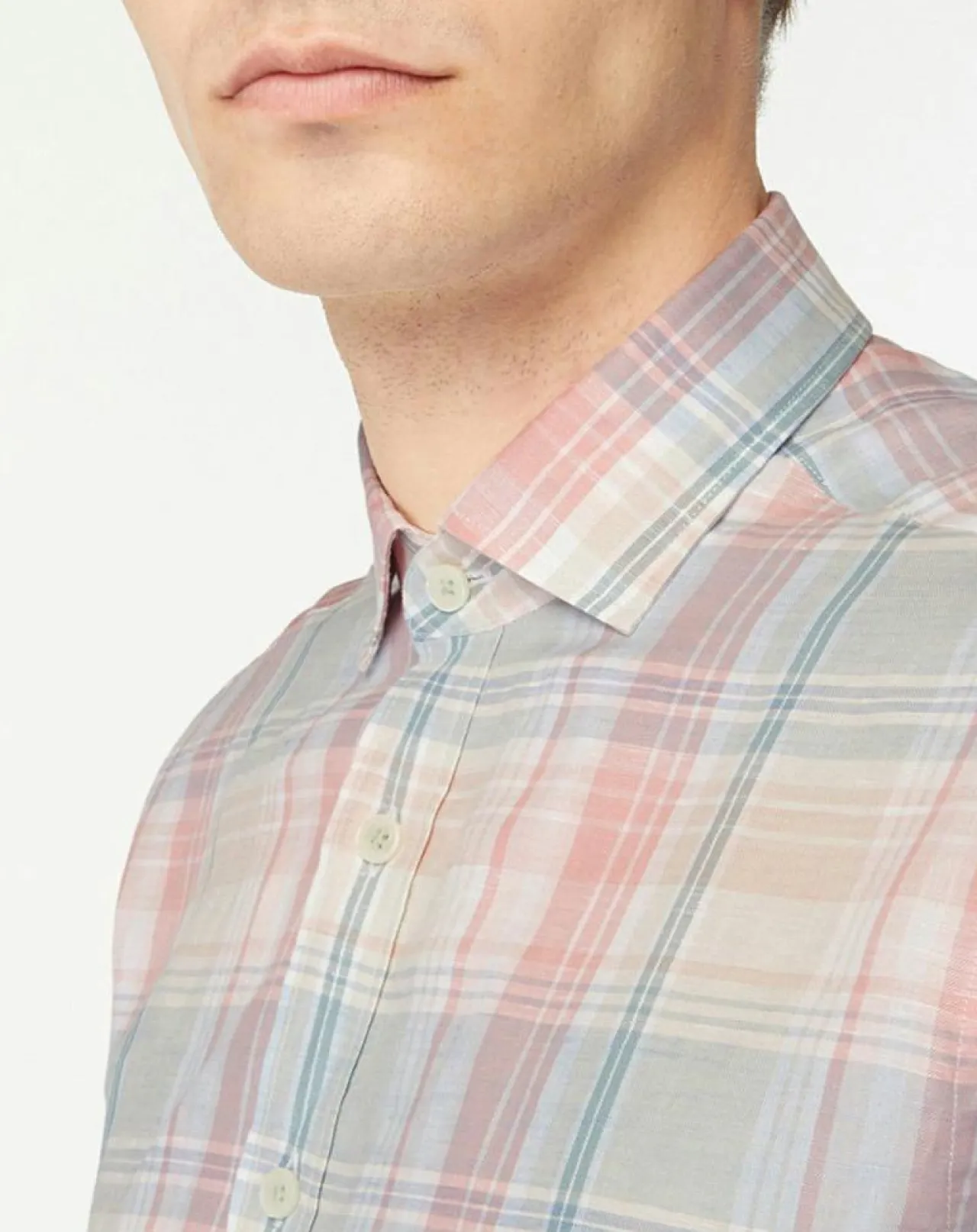 Chemise en Lin mélangé Slim Fit à carreaux multicolore