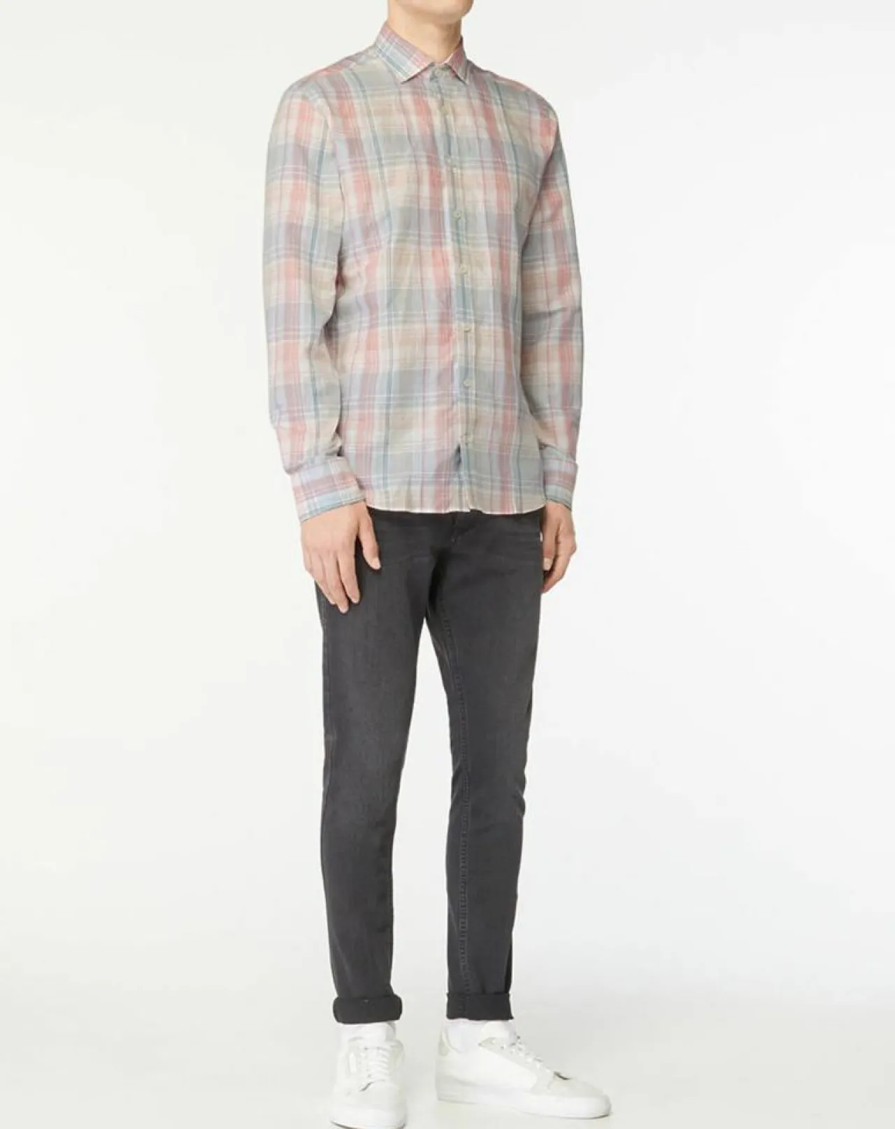 Chemise en Lin mélangé Slim Fit à carreaux multicolore