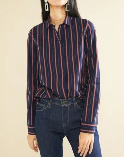 Chemise en Popeline Japonaise Kim rayée marine/rouge