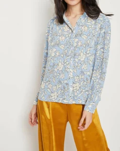 Chemise Lara fleurie bleu/blanc cassé