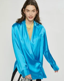 Chemise ouverte en Satin Wrap bleue