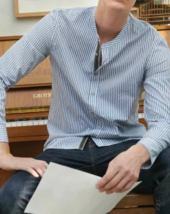 Chemise regular en Popeline Theotime rayée bleu/blanc