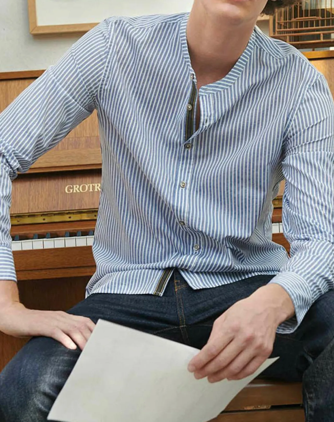 Chemise regular en Popeline Theotime rayée bleu/blanc