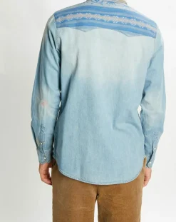 Chemise Regular Fit en Jean Western Patch bleu clair délavé
