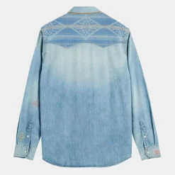 Chemise Regular Fit en Jean Western Patch bleu clair délavé