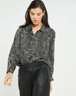 Chemise satinée Ciara feuilles noire