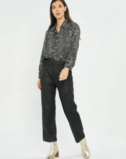 Chemise satinée Ciara feuilles noire