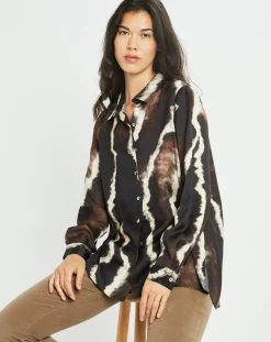 Chemise satinée Plume imprimée café
