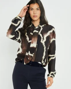 Chemise satinée Plume imprimée café