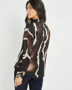 Chemise satinée Plume imprimée café