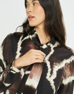 Chemise satinée Plume imprimée café