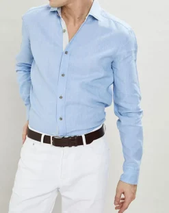 Chemise Slim Fit coton façon lin Yoke Mosaïque bleu ciel