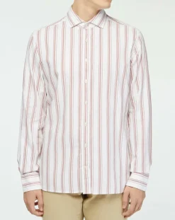Chemise Slim Fit en Coton & Lin Washed à rayures écru/bordeaux