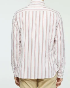 Chemise Slim Fit en Coton & Lin Washed à rayures écru/bordeaux