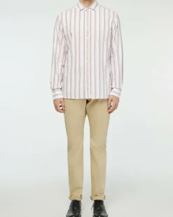 Chemise Slim Fit en Coton & Lin Washed à rayures écru/bordeaux