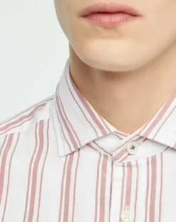 Chemise Slim Fit en Coton & Lin Washed à rayures écru/bordeaux