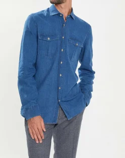 Chemise Slim Fit en Lin & Coton Saharien bleu moyen